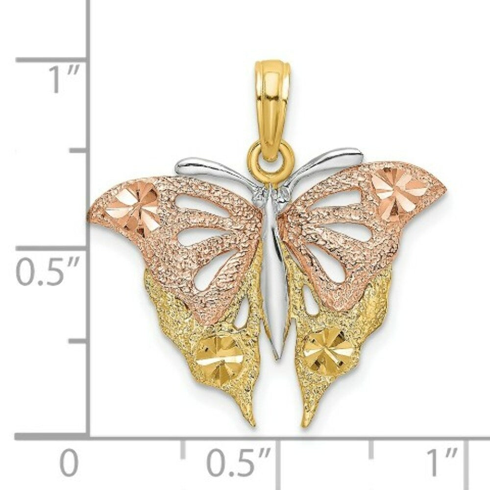 14K Tri-Color Gold Diamond-cut Butterfly Charm Pendant