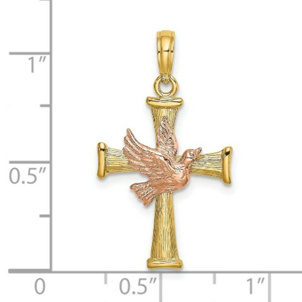 14K Two-tone Gold Textured Finish Cross With Dove Charm Pendant