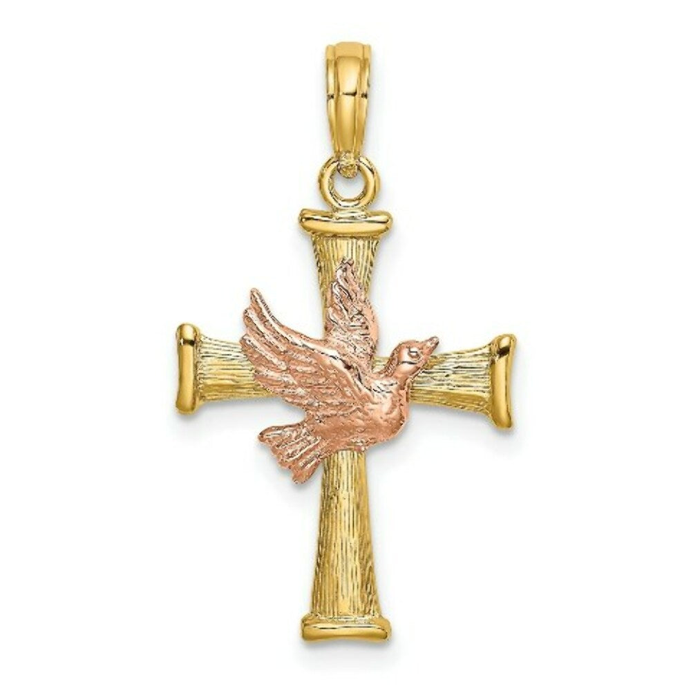 14K Two-tone Gold Textured Finish Cross With Dove Charm Pendant