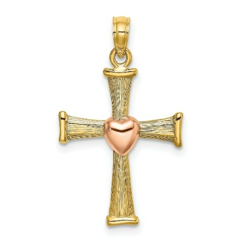 14K Two-Tone Gold Textured Finish Cross With Heart Charm Pendant