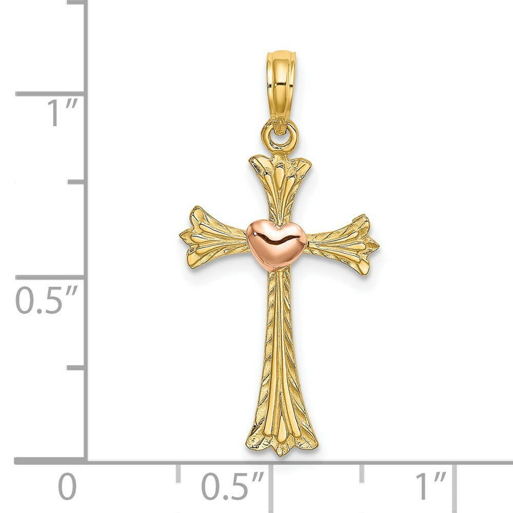 14K Two-Tone Gold Textured Cross With Heart Charm Pendant