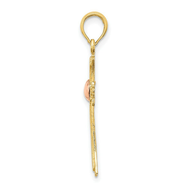 14K Two-Tone Gold Textured Cross With Heart Charm Pendant