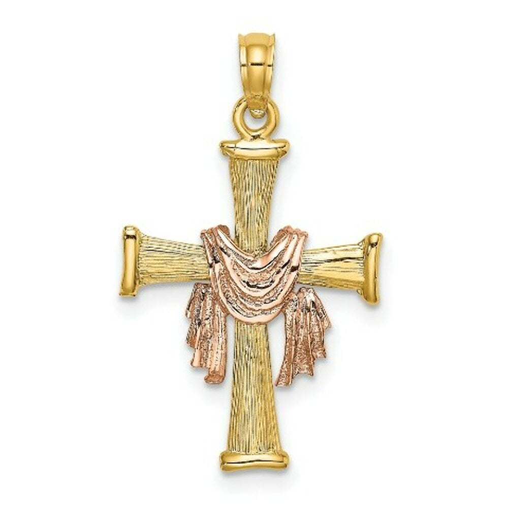 14K Two-Tone Gold Textured Finish Cross With Drape Charm Pendant