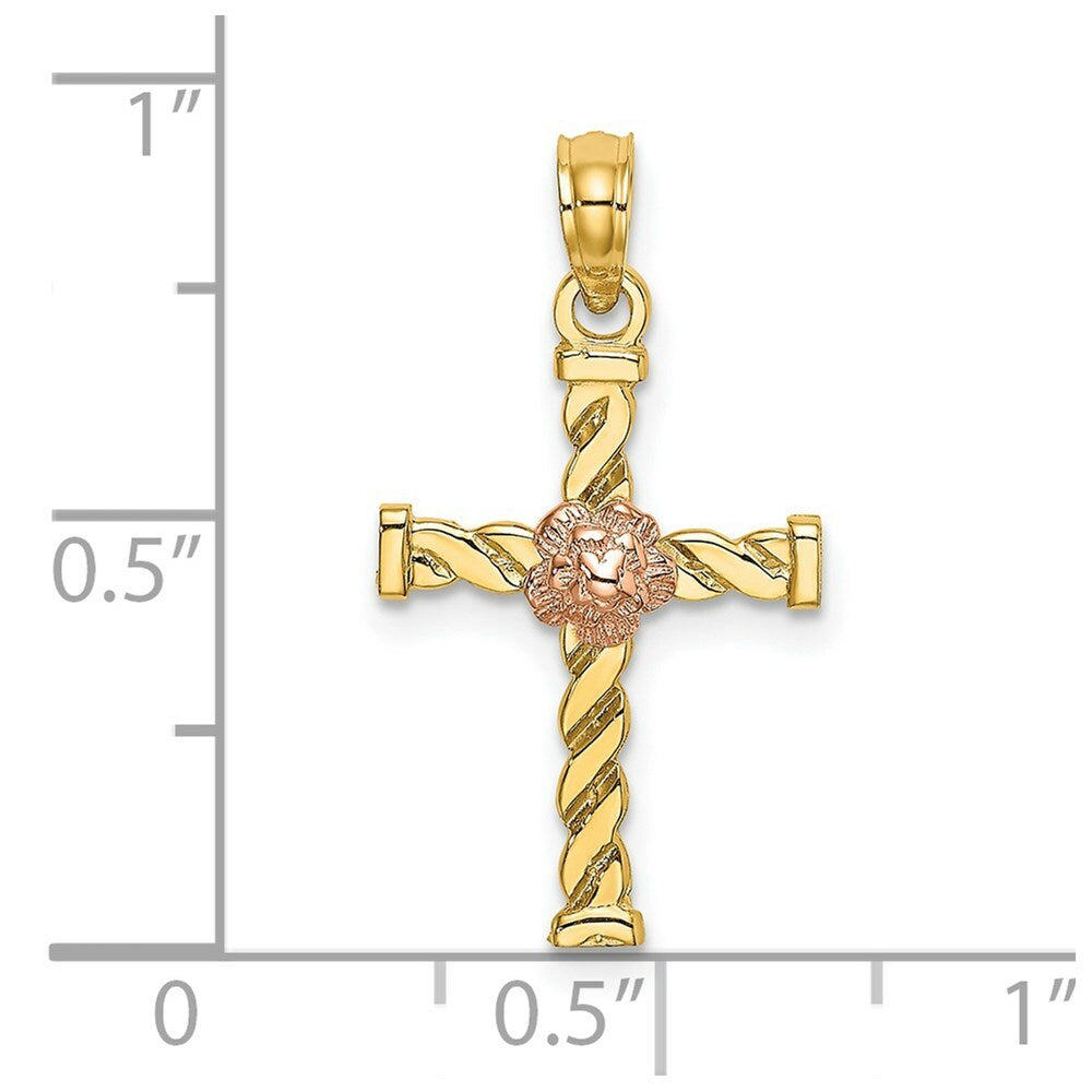 14K Two-Tone Gold Twisted Cross With Flower Charm Pendant