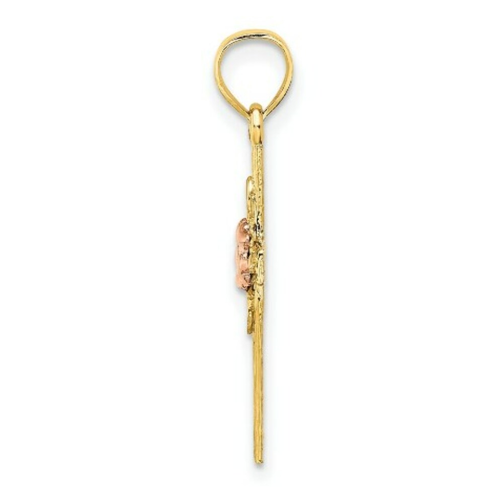 14K Two-Tone Gold Textured Cross With Flower Charm Pendant