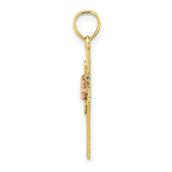 14K Two-Tone Gold Textured Cross With Flower Charm Pendant