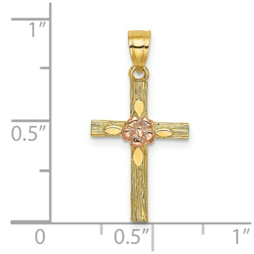 14K Two-Tone Gold Textured Cross With Flower Charm Pendant