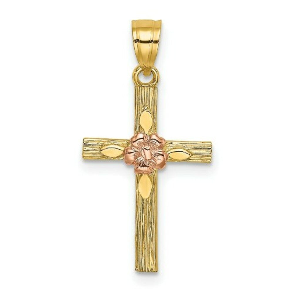 14K Two-Tone Gold Textured Cross With Flower Charm Pendant