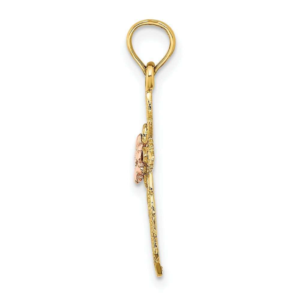 14K Two-tone Gold Cut-Out Cross With Flower Charm Pendant