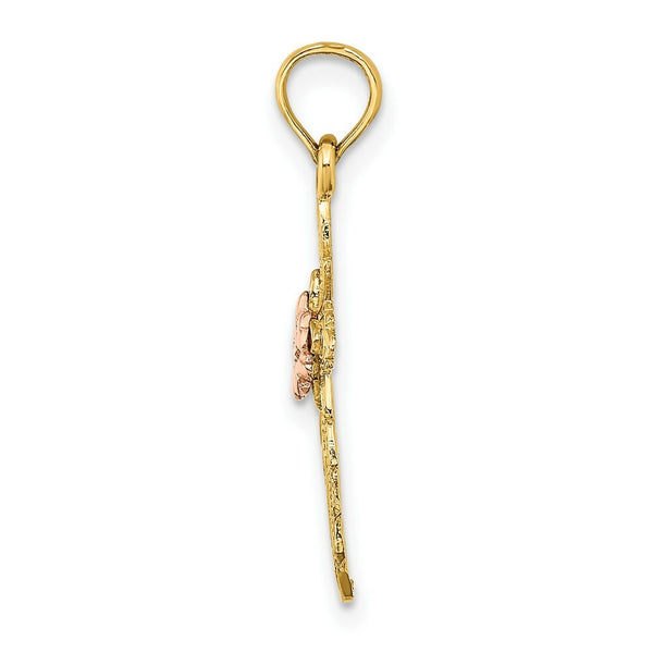 14K Two-tone Gold Cut-Out Cross With Flower Charm Pendant