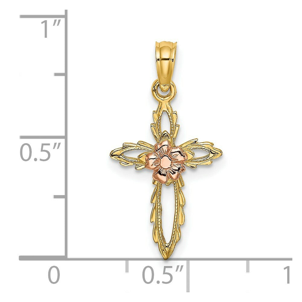 14K Two-tone Gold Cut-Out Cross With Flower Charm Pendant