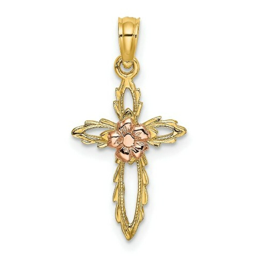 14K Two-tone Gold Cut-Out Cross With Flower Charm Pendant