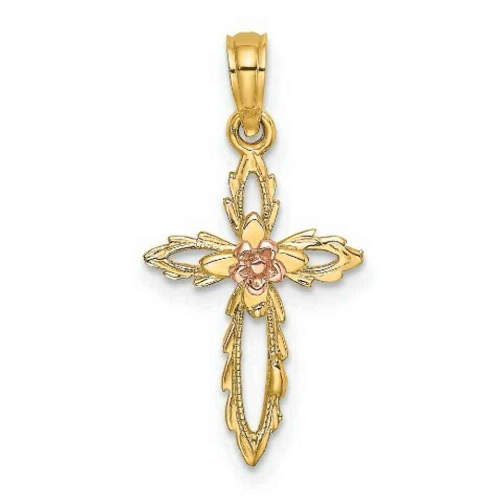 14K Two-Tone Gold Cross With Cut-Out Flower Charm Pendant