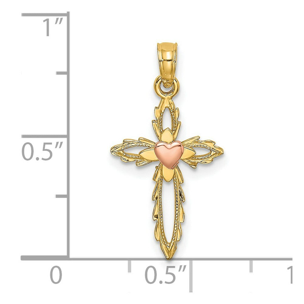 14K Two-Tone Gold Cross With Heart Charm Pendant