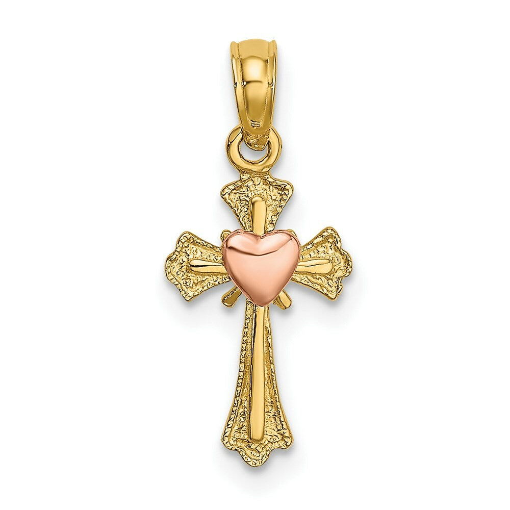 14K Two-Tone Gold Cross With Heart Charm Pendant