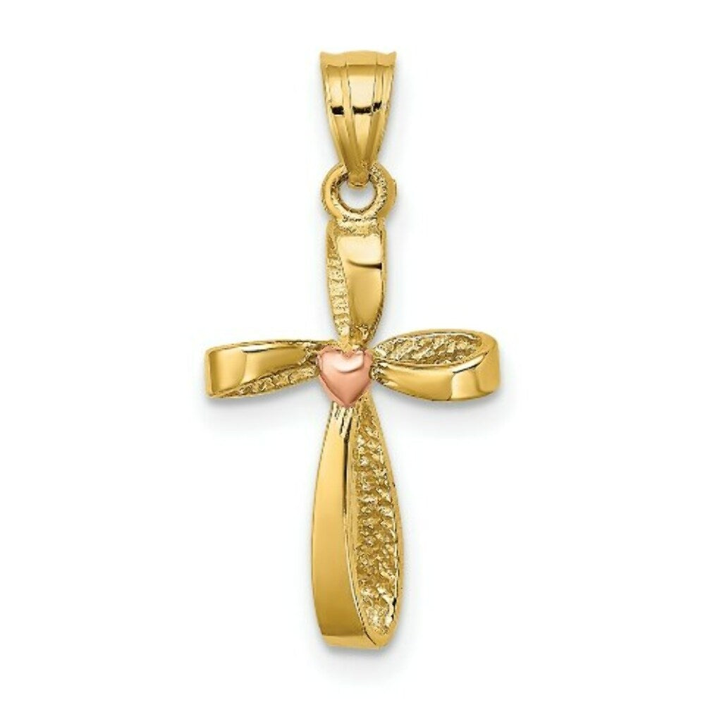 14K Two-Tone Gold Twisted Cross With Heart Charm Pendant