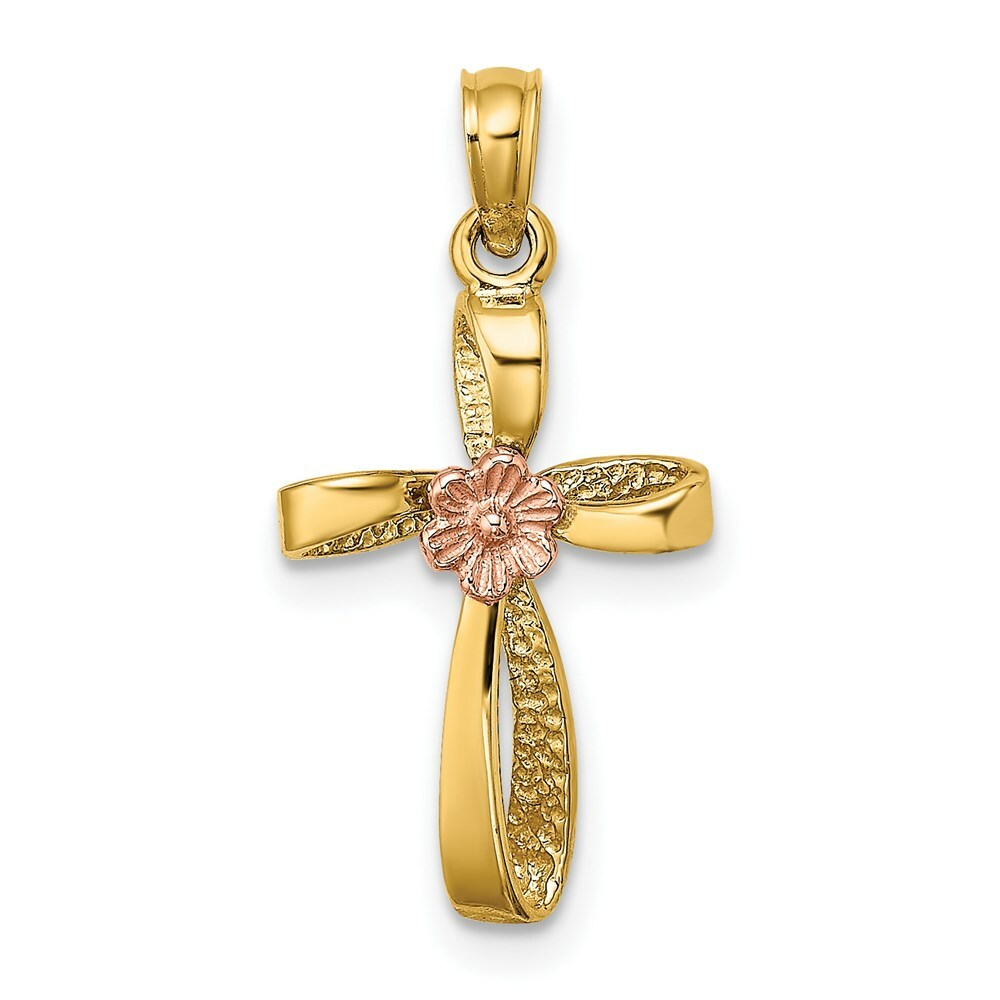 14K Two-Tone Gold Twisted Cross With Heart Charm Pendant