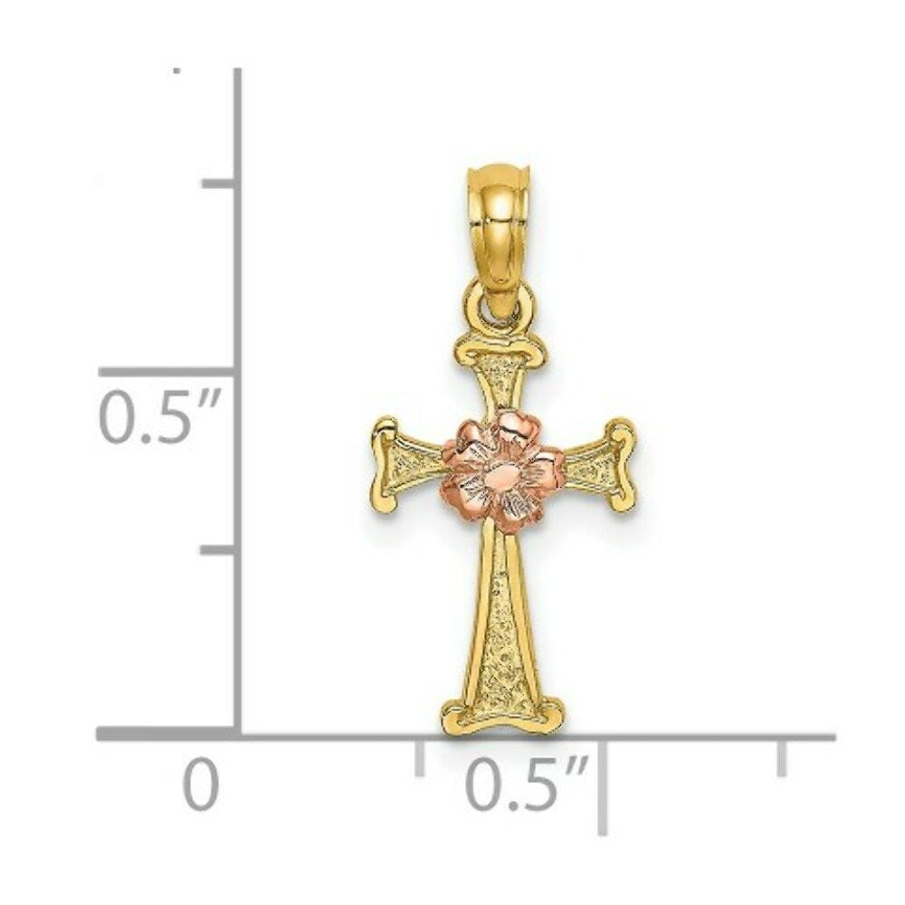 14K Two-Tone Gold Cross With Flower Charm Pendant