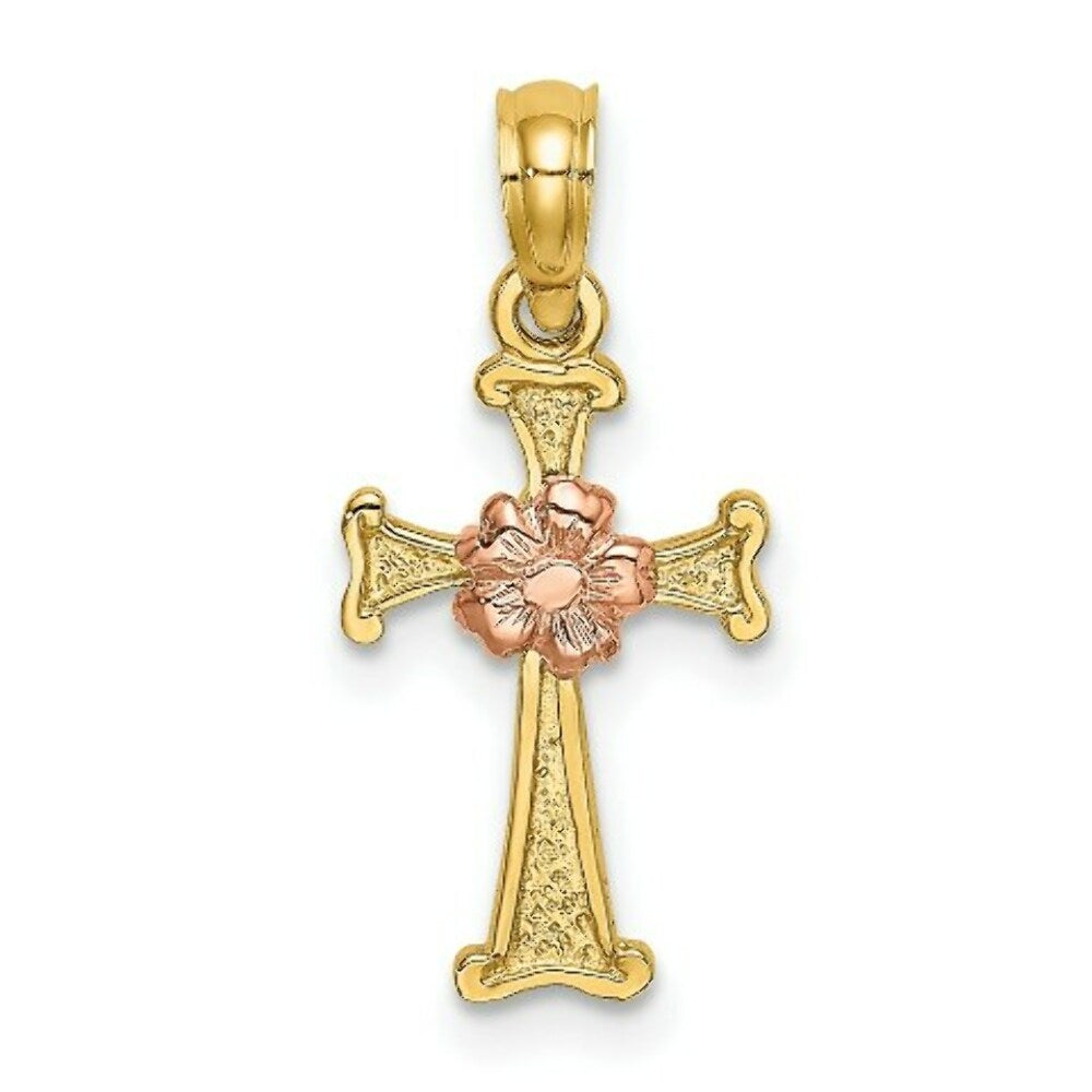 14K Two-Tone Gold Cross With Flower Charm Pendant