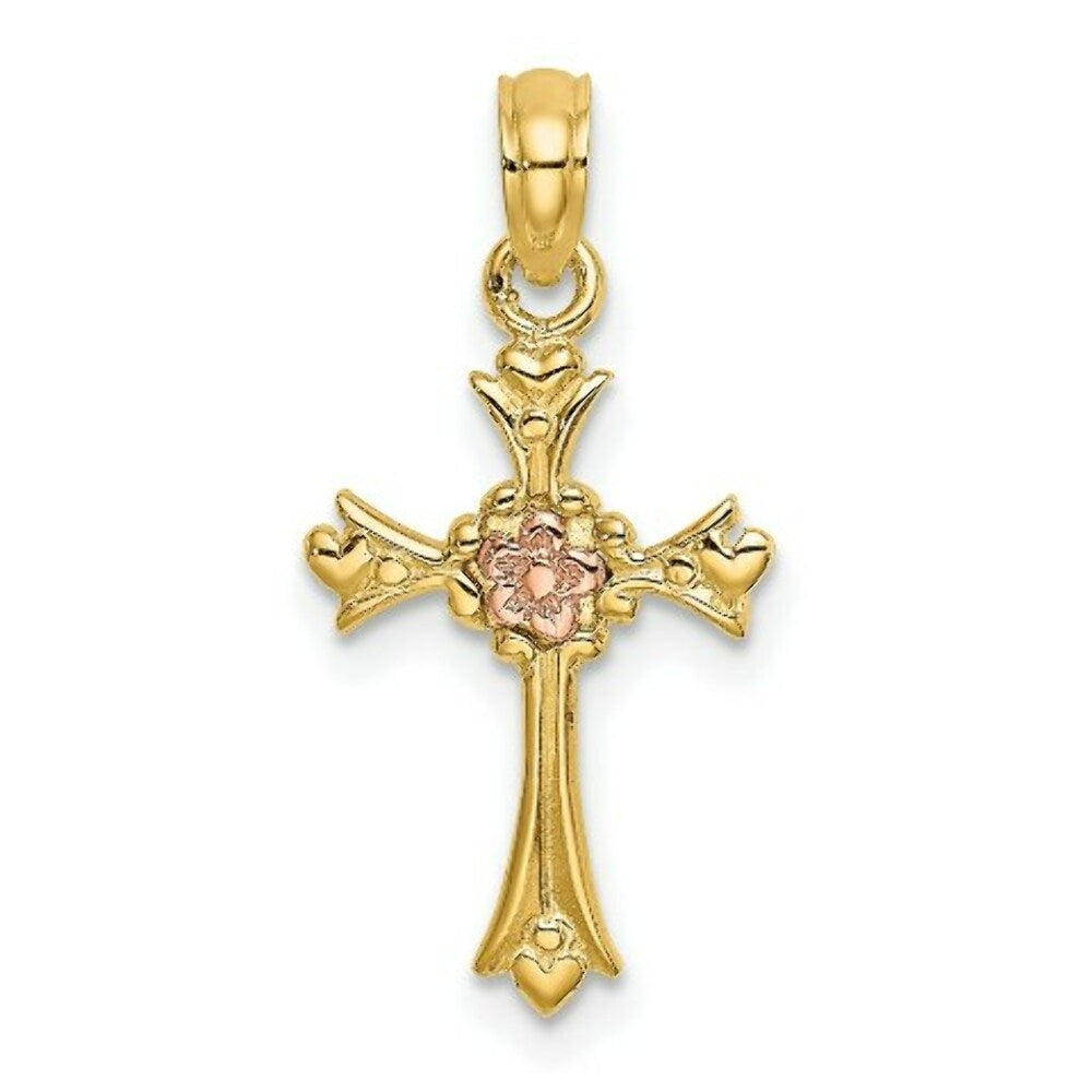 14K Two-Tone Gold Cross With Flower Charm Pendant