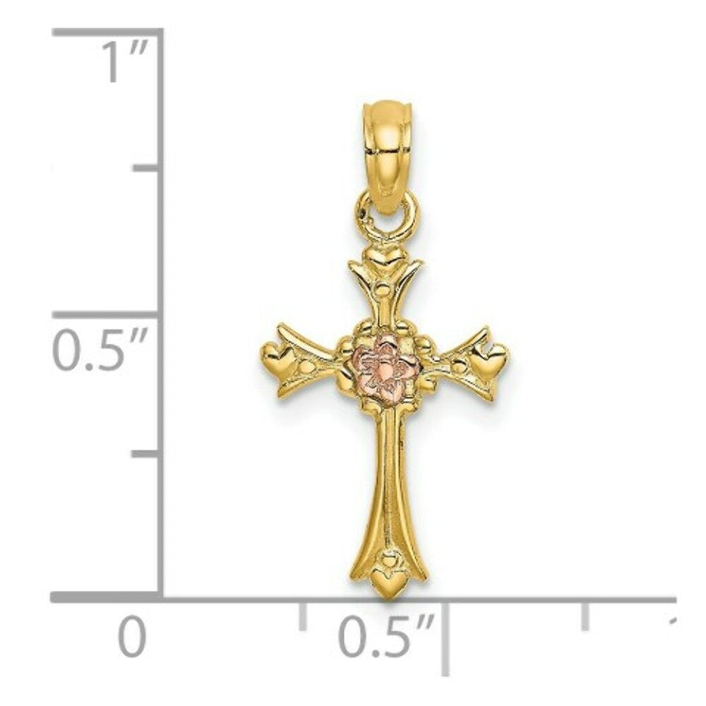 14K Two-Tone Gold Cross With Flower Charm Pendant