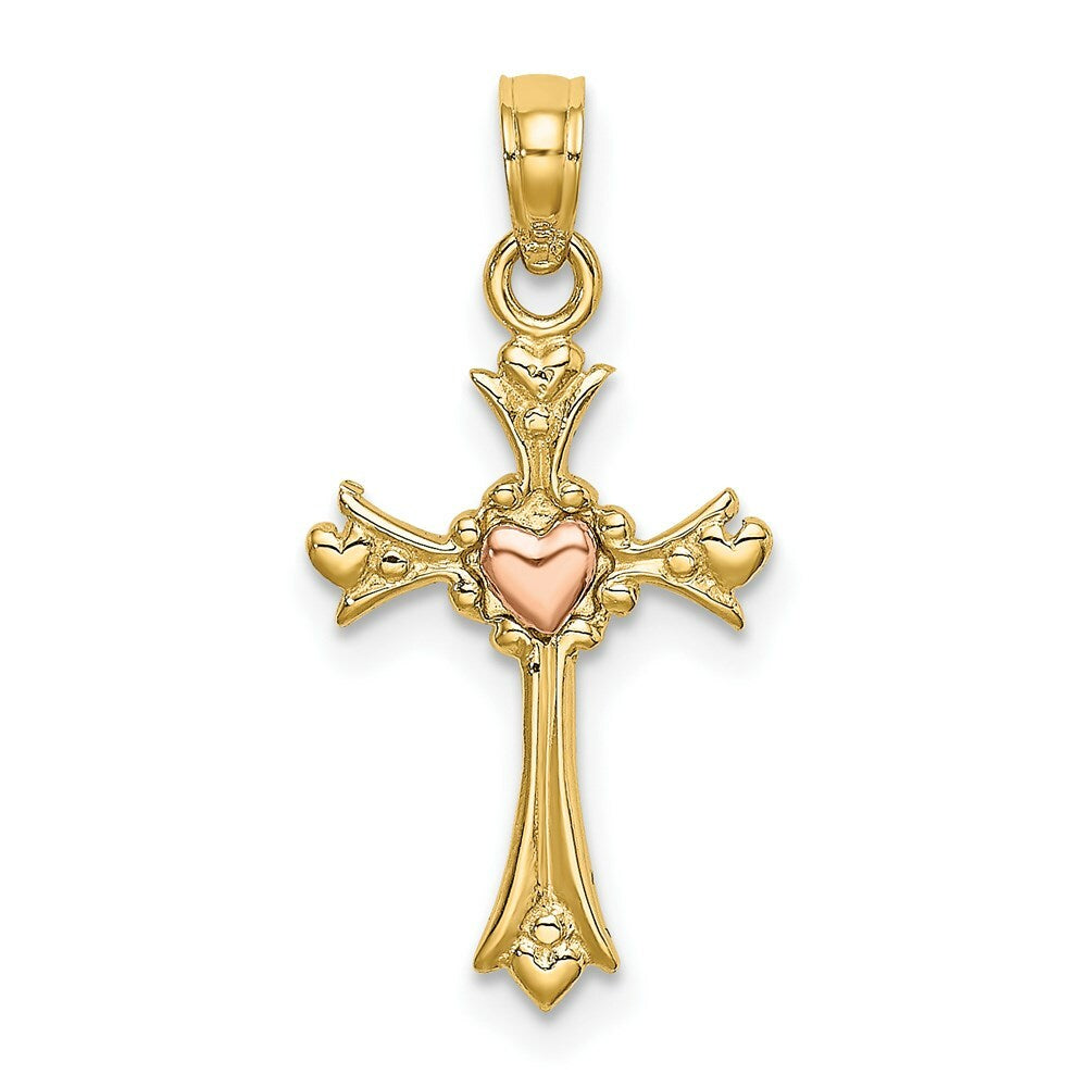 14K Two-Tone Gold Cross With Heart Charm Pendant