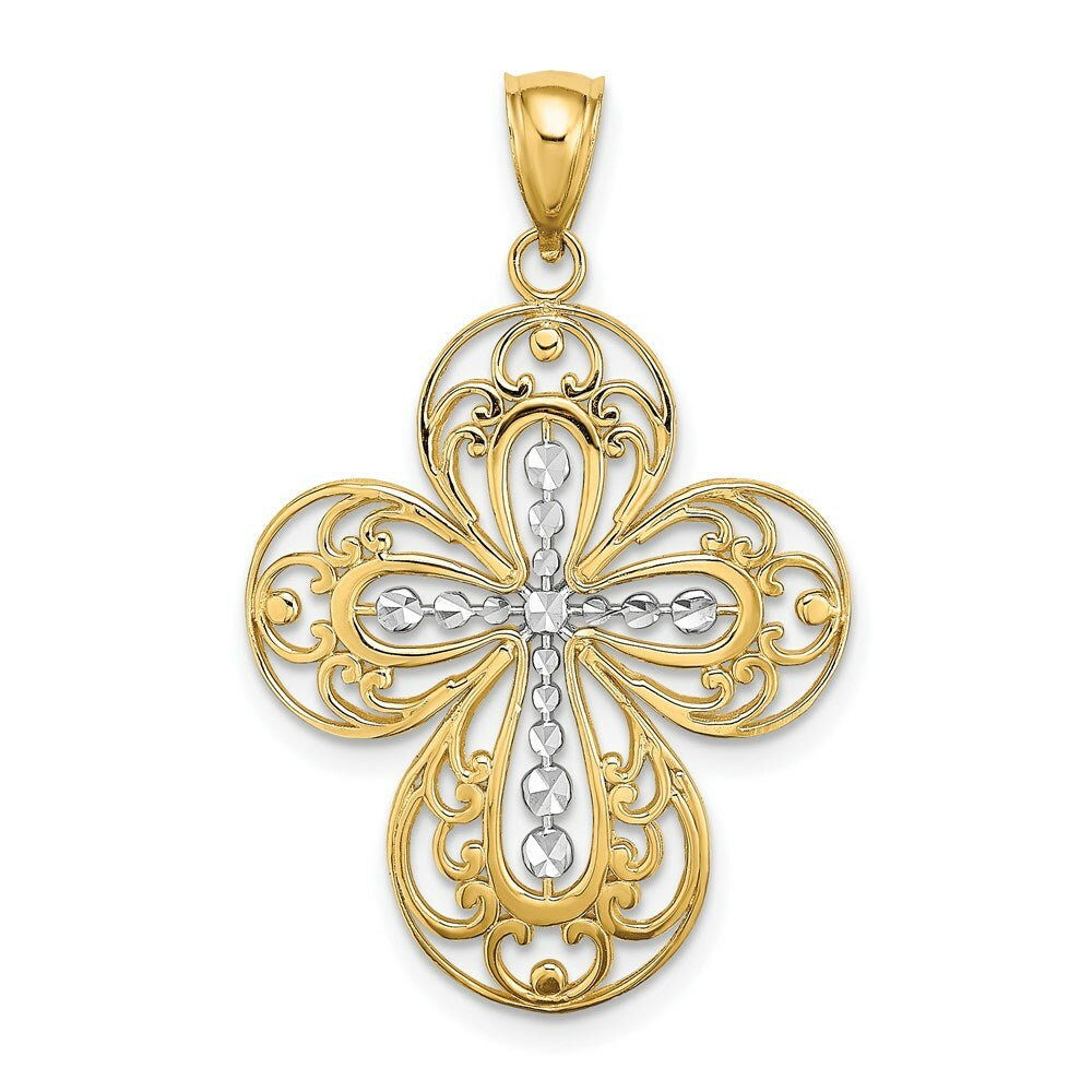 14K Yellow Gold with White Rhodium Diamond-cut with Cut Out Filigree Cross Charm Pendant