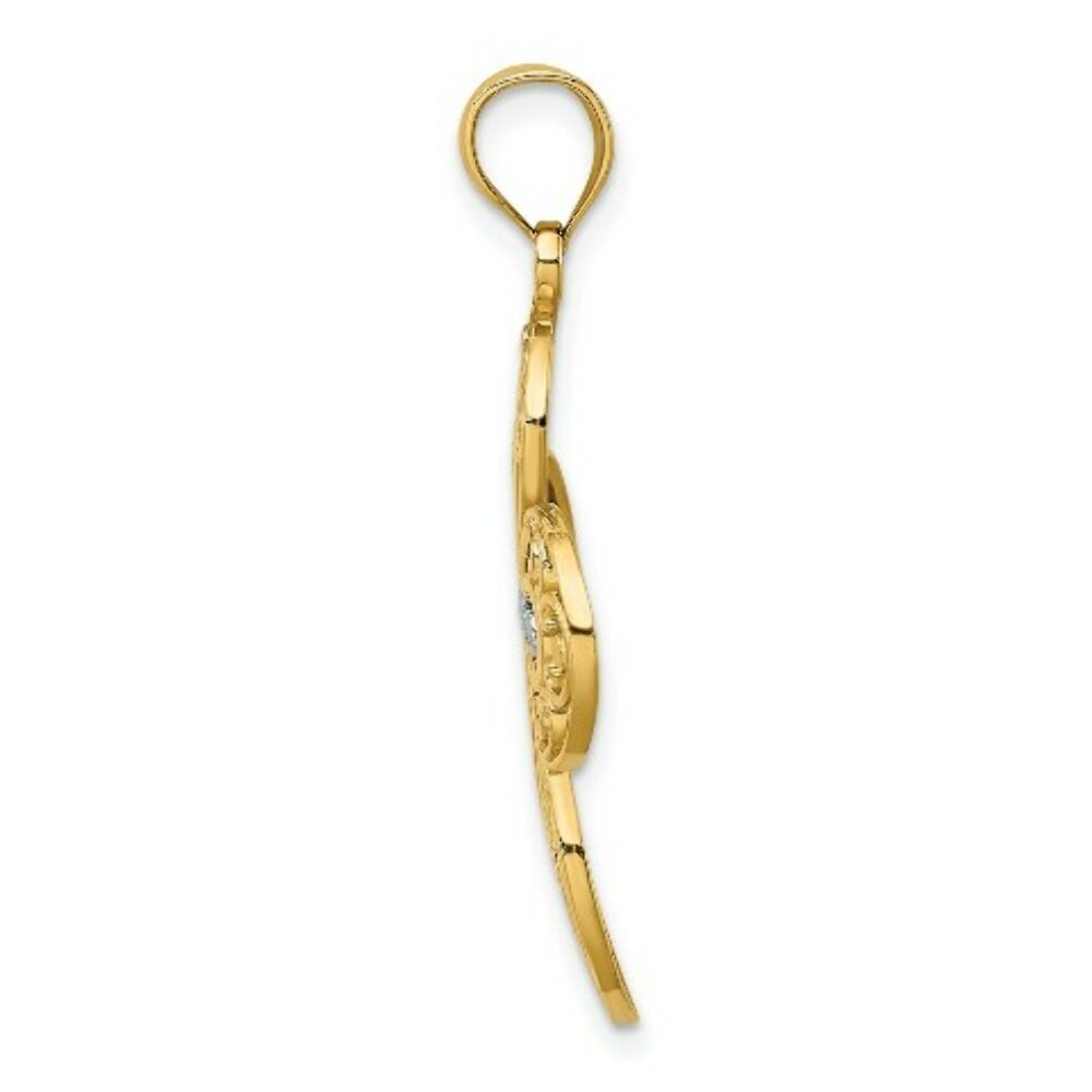 14K Yellow Gold with White Rhodium Diamond-cut with Cut Out Filigree Cross Charm Pendant