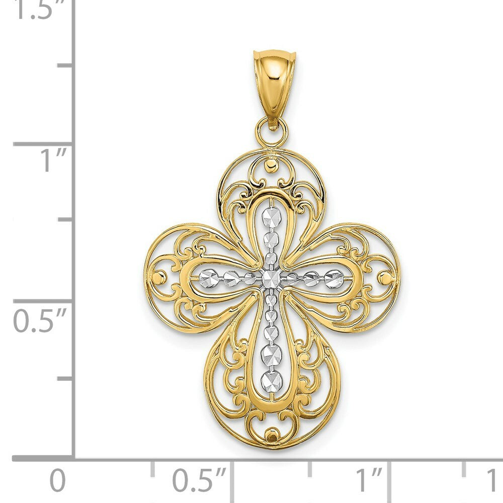14K Yellow Gold with White Rhodium Diamond-cut with Cut Out Filigree Cross Charm Pendant