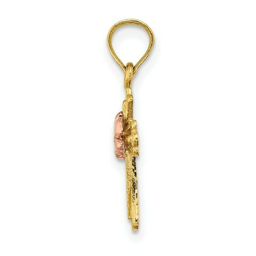 14K Two-Tone Gold Cross With Small Flower Charm Pendant
