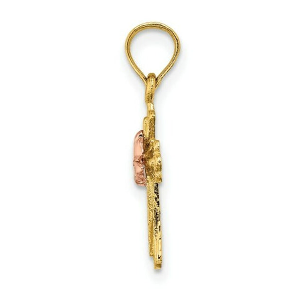 14K Two-Tone Gold Cross With Small Flower Charm Pendant