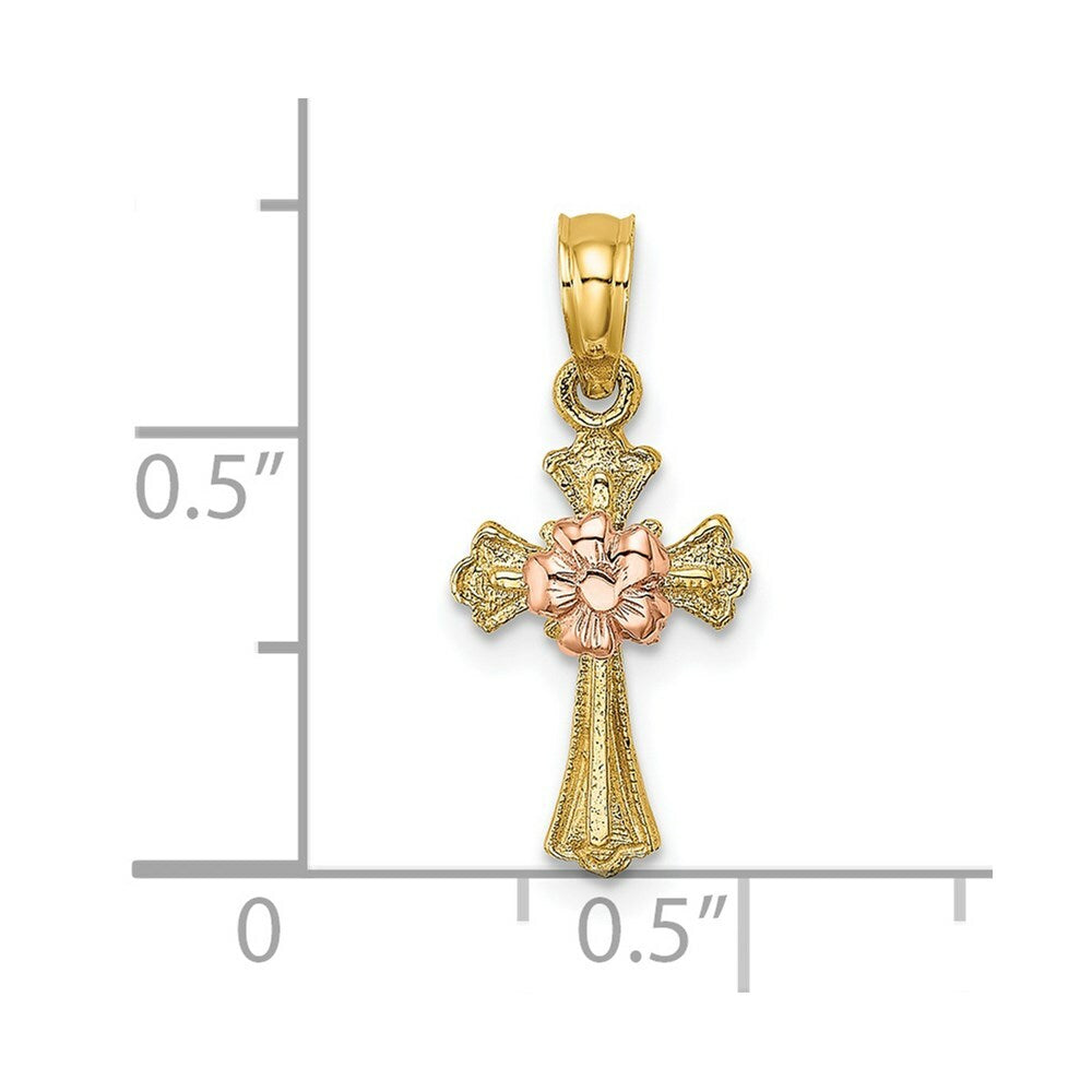 14K Two-Tone Gold Cross With Small Flower Charm Pendant