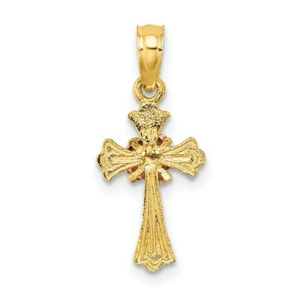 14K Two-Tone Gold Cross With Small Flower Charm Pendant