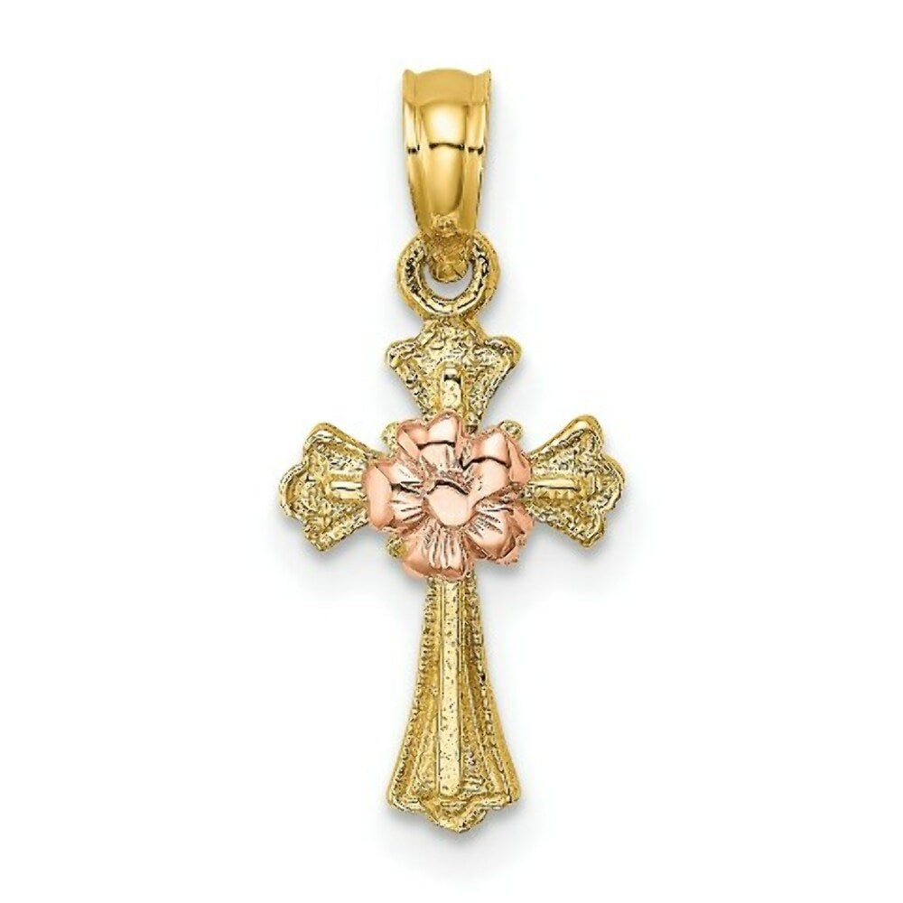 14K Two-Tone Gold Cross With Small Flower Charm Pendant