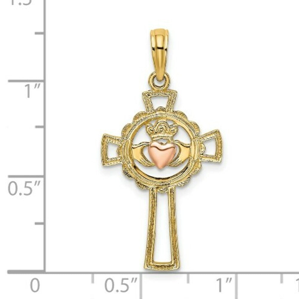 14K Two-Tone Gold Cross With Claddagh & Heart Charm Pendant