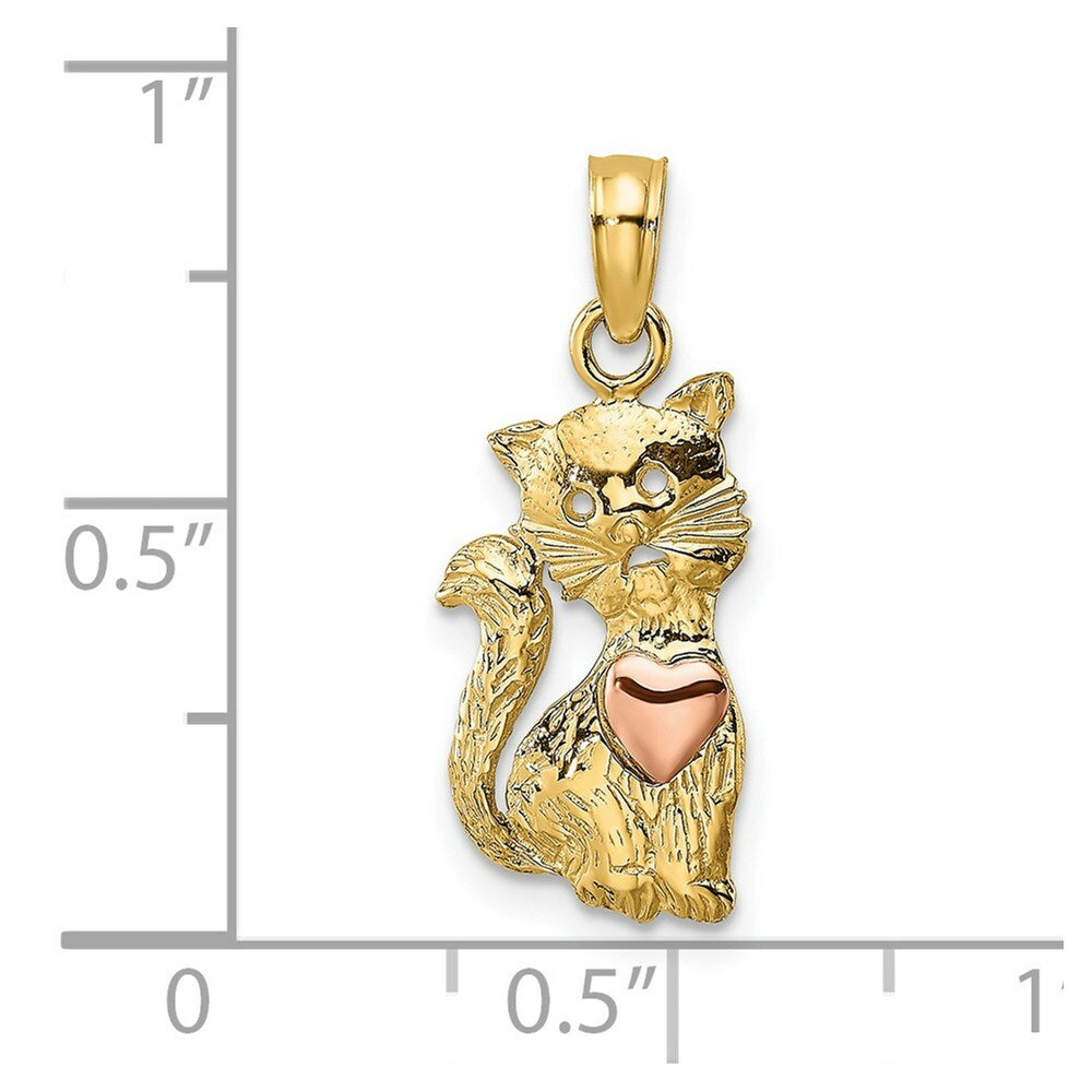 14K Two-Tone Gold Cat With Heart Charm Pendant
