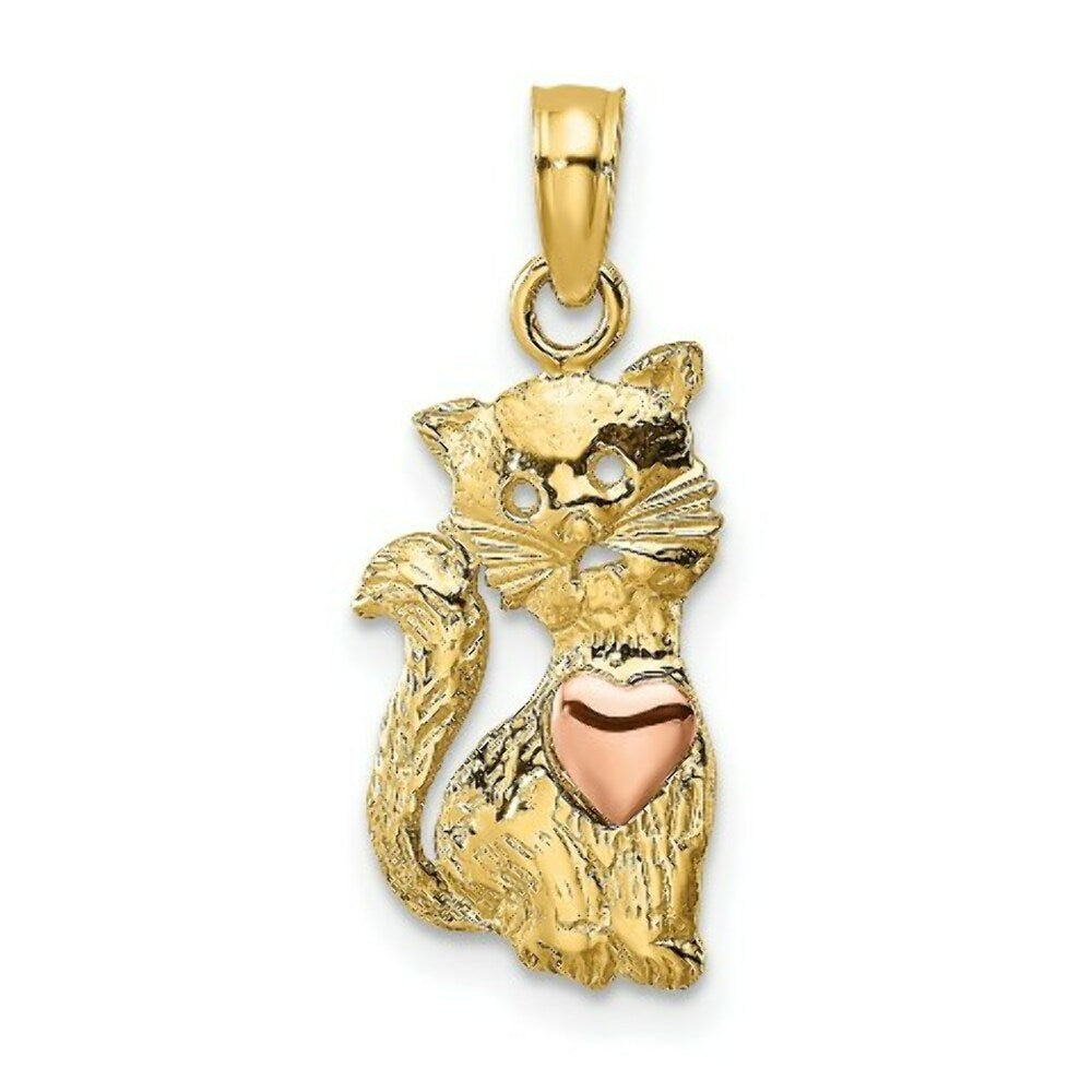 14K Two-Tone Gold Cat With Heart Charm Pendant