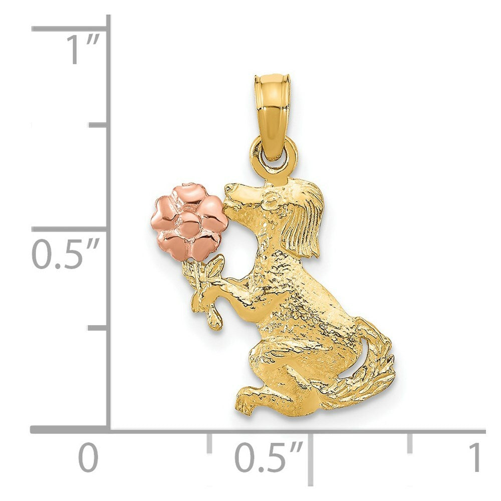 14K Two-Tone Gold Dog Holding Flower Charm Pendant