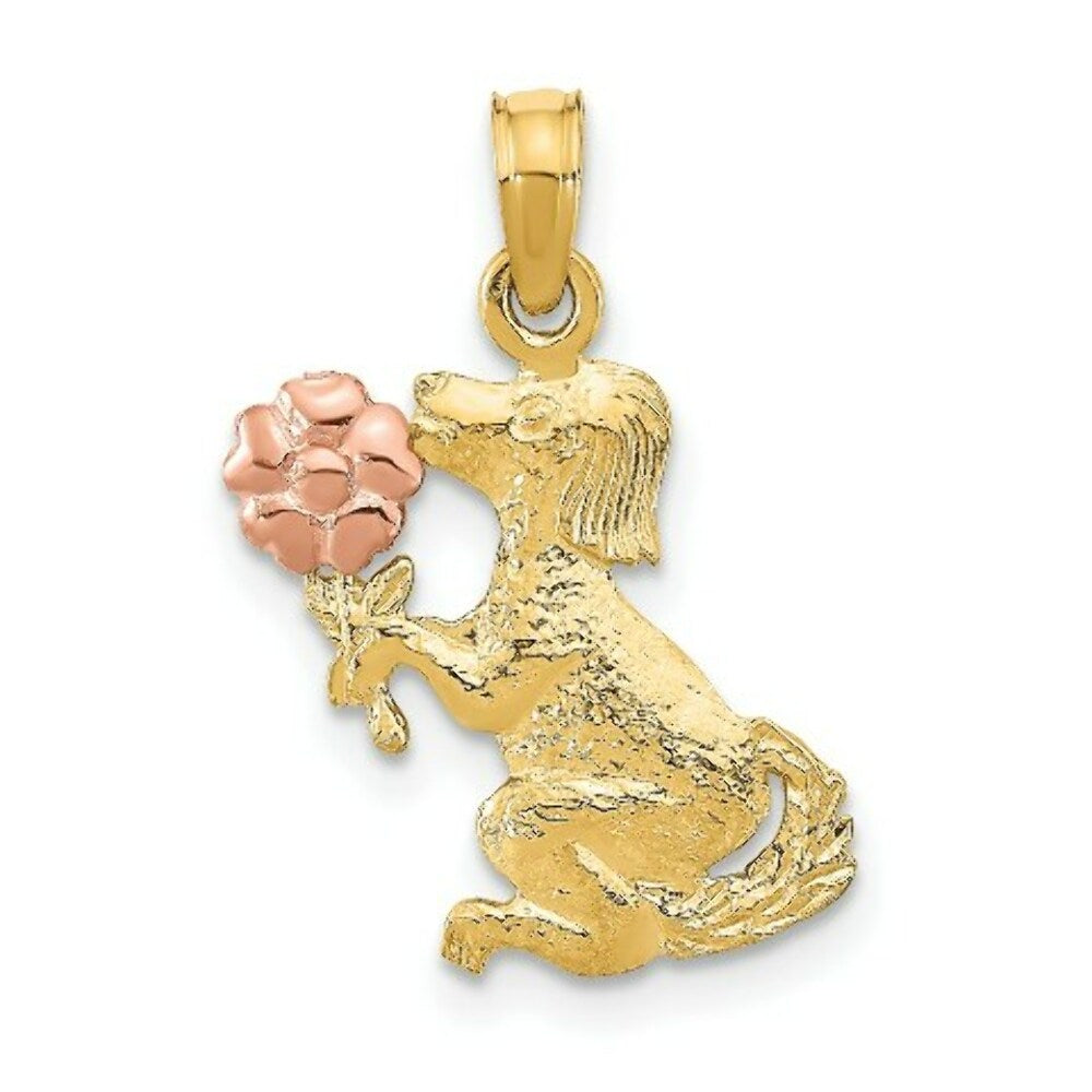 14K Two-Tone Gold Dog Holding Flower Charm Pendant
