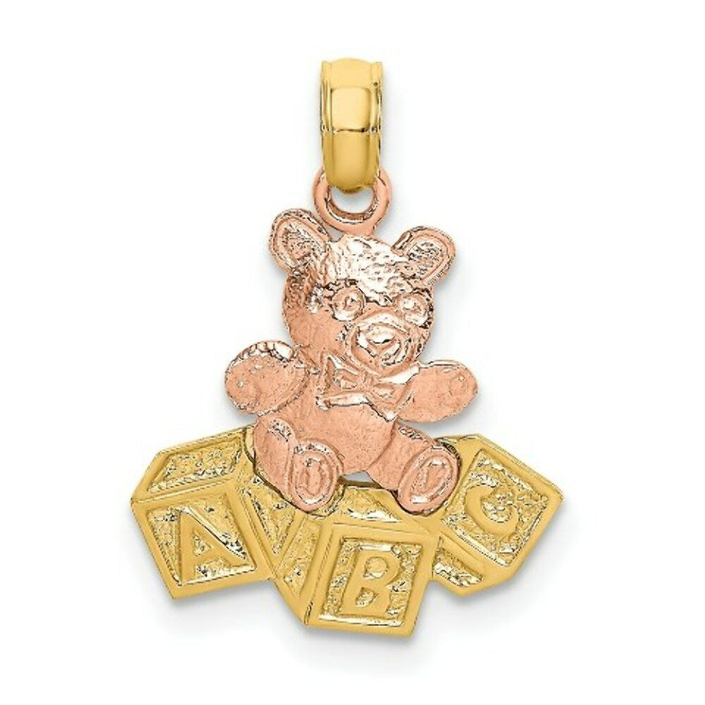 14K Two-Tone Gold Teddy Bear With ABC Blocks Charm Pendant