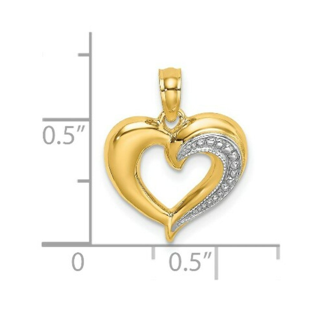 14K Yellow Gold with White Rhodium Polished with Textured Heart Charm Pendant