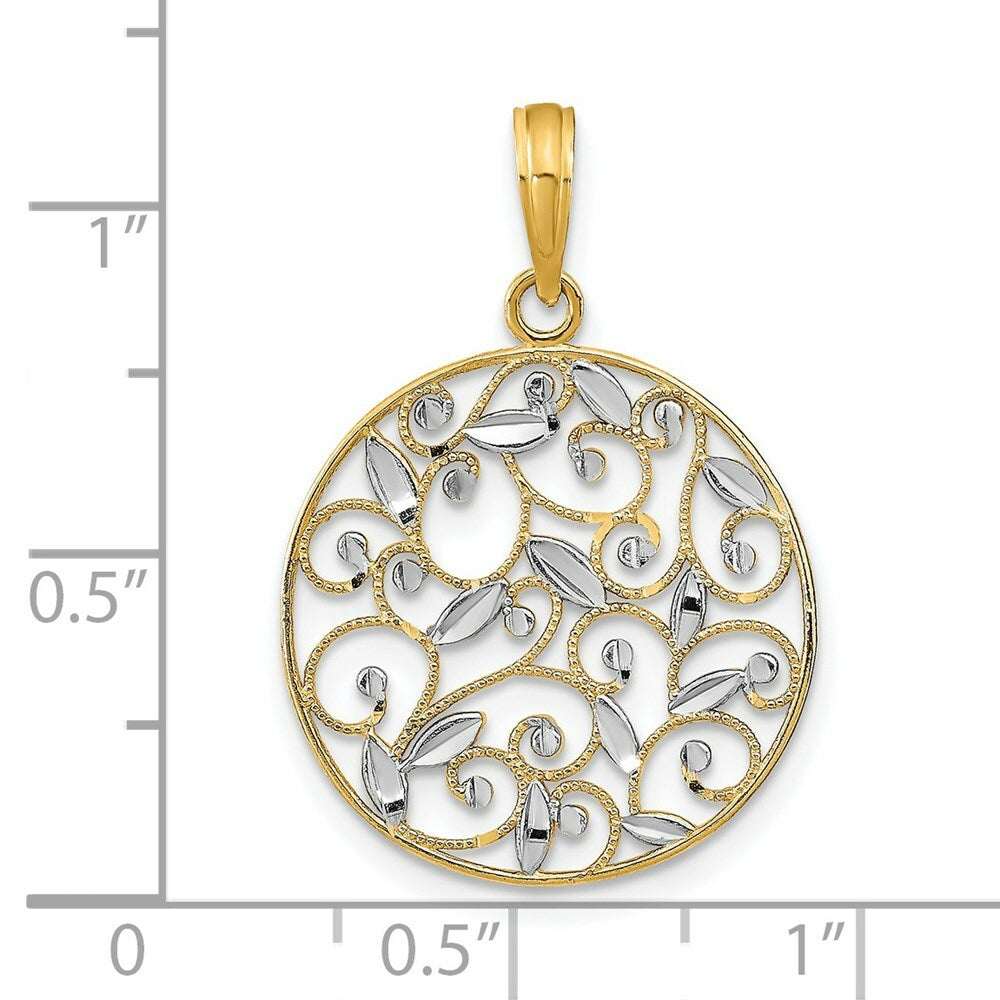 14K Yellow Gold with White Rhodium Diamond-cut Filigree Round Charm Pendant