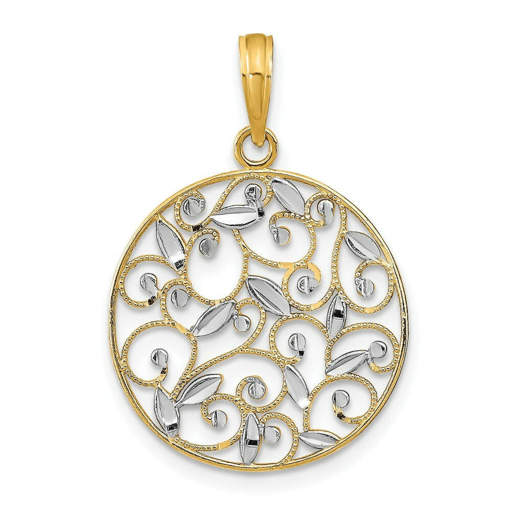 14K Yellow Gold with White Rhodium Diamond-cut Filigree Round Charm Pendant