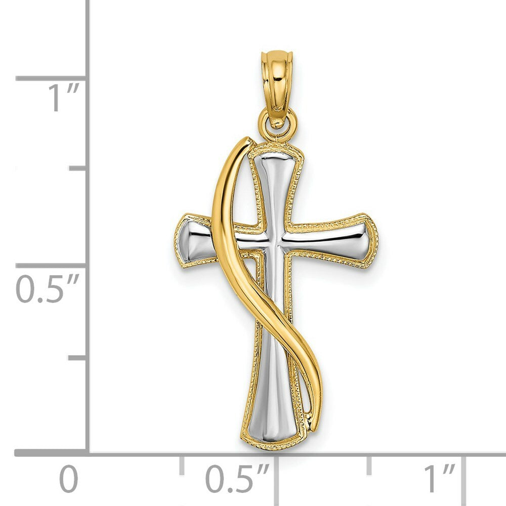 14K Yellow Gold with White Rhodium Drape Over Cross Charm Pendant