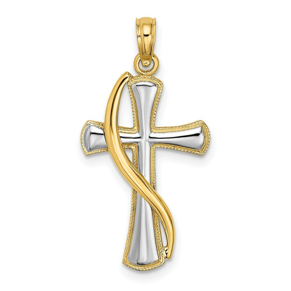 14K Yellow Gold with White Rhodium Drape Over Cross Charm Pendant