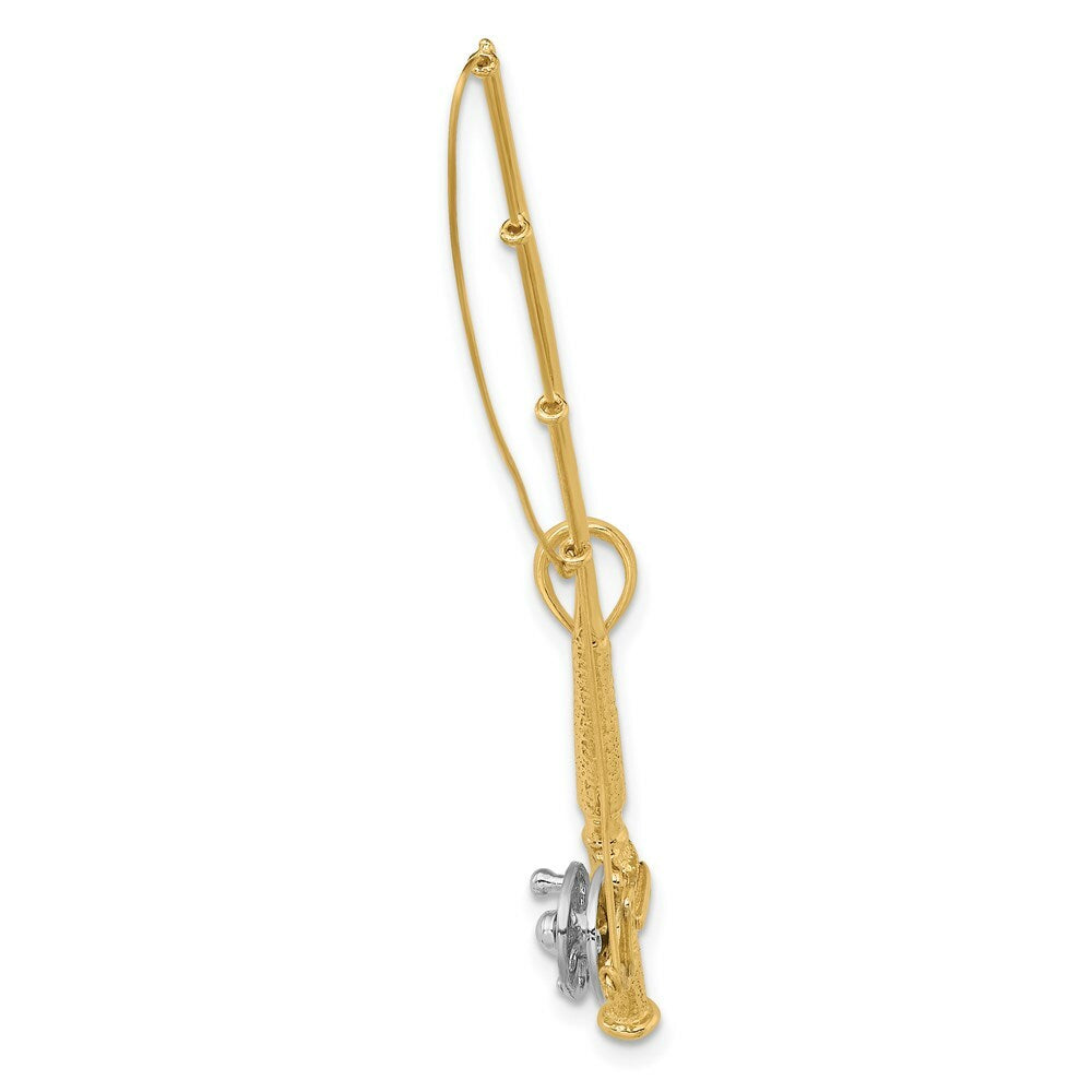 14k Yellow Gold and White Rhodium 3-D Fly Rod Fishing Pole Charm Pendant