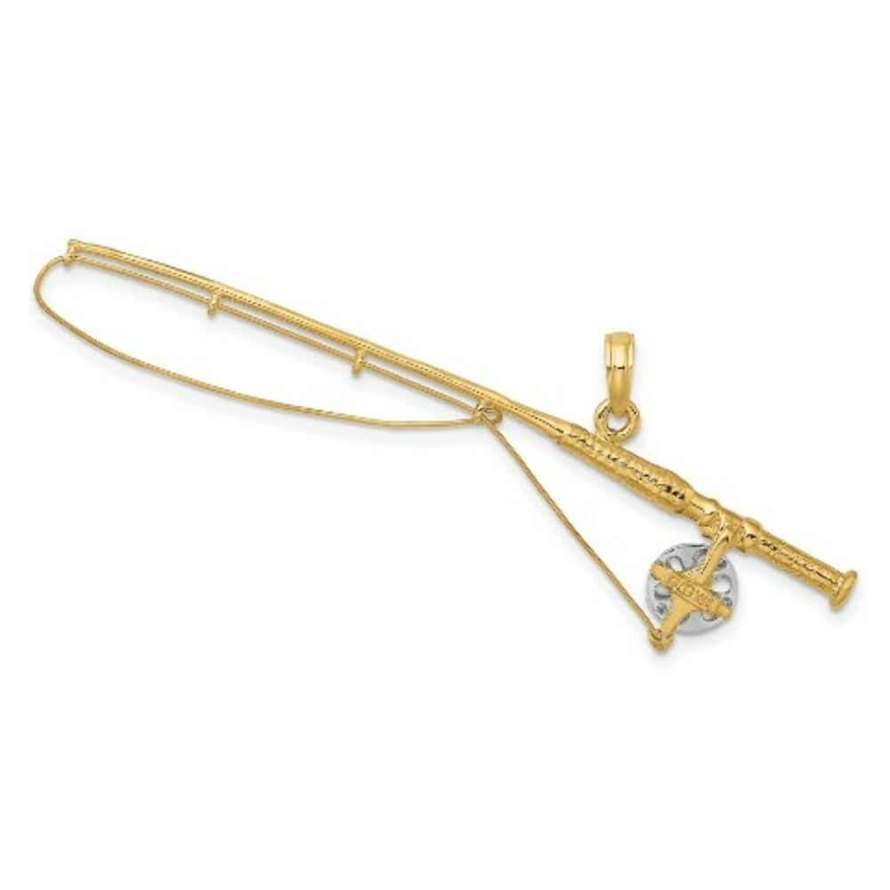 14k Yellow Gold and White Rhodium 3-D Fly Rod Fishing Pole Charm Pendant