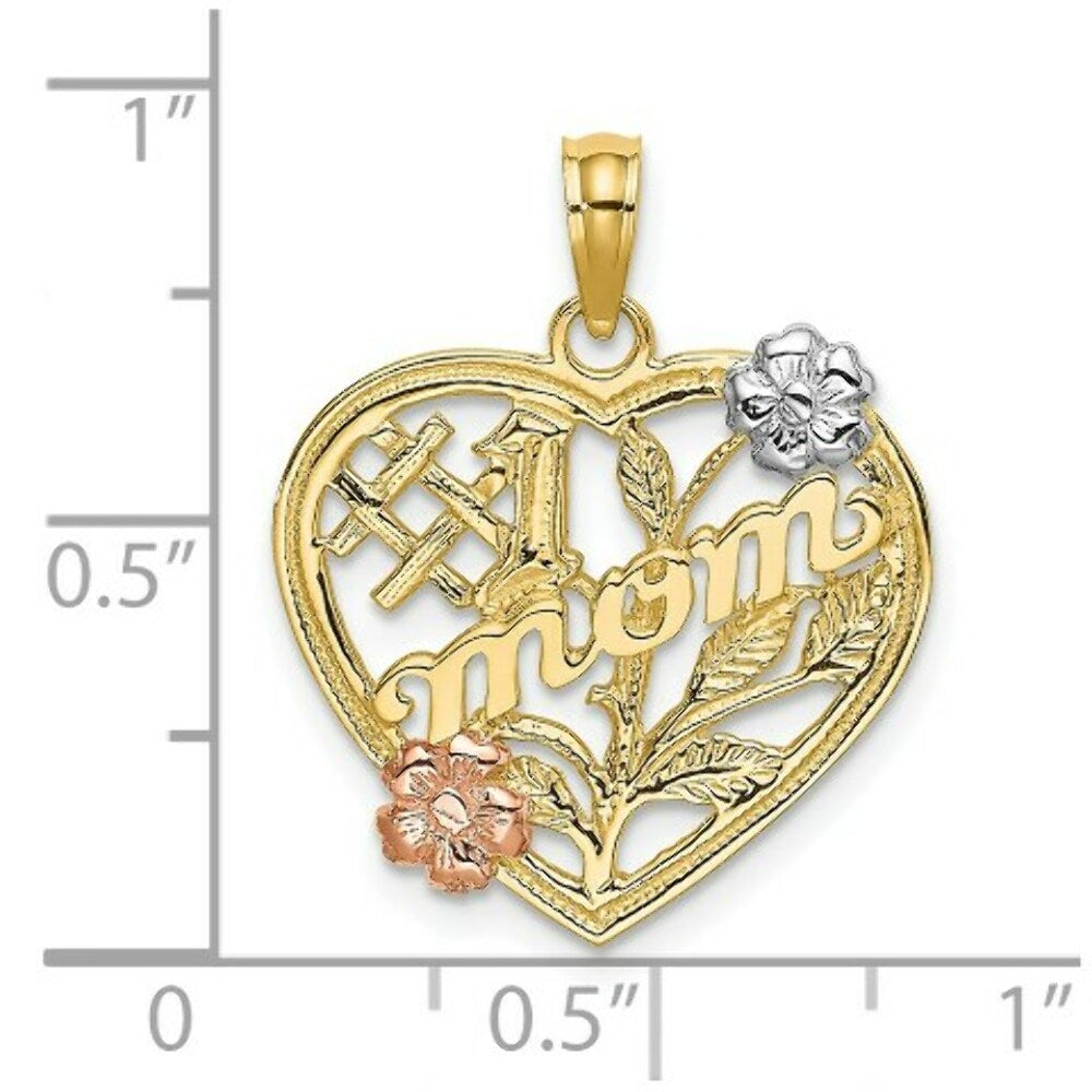 14K Two-tone Yellow & Rose Gold With #1 MOM Heart With Flower Charm Pendant