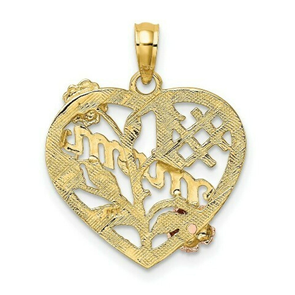 14K Two-tone Yellow & Rose Gold With #1 MOM Heart With Flower Charm Pendant