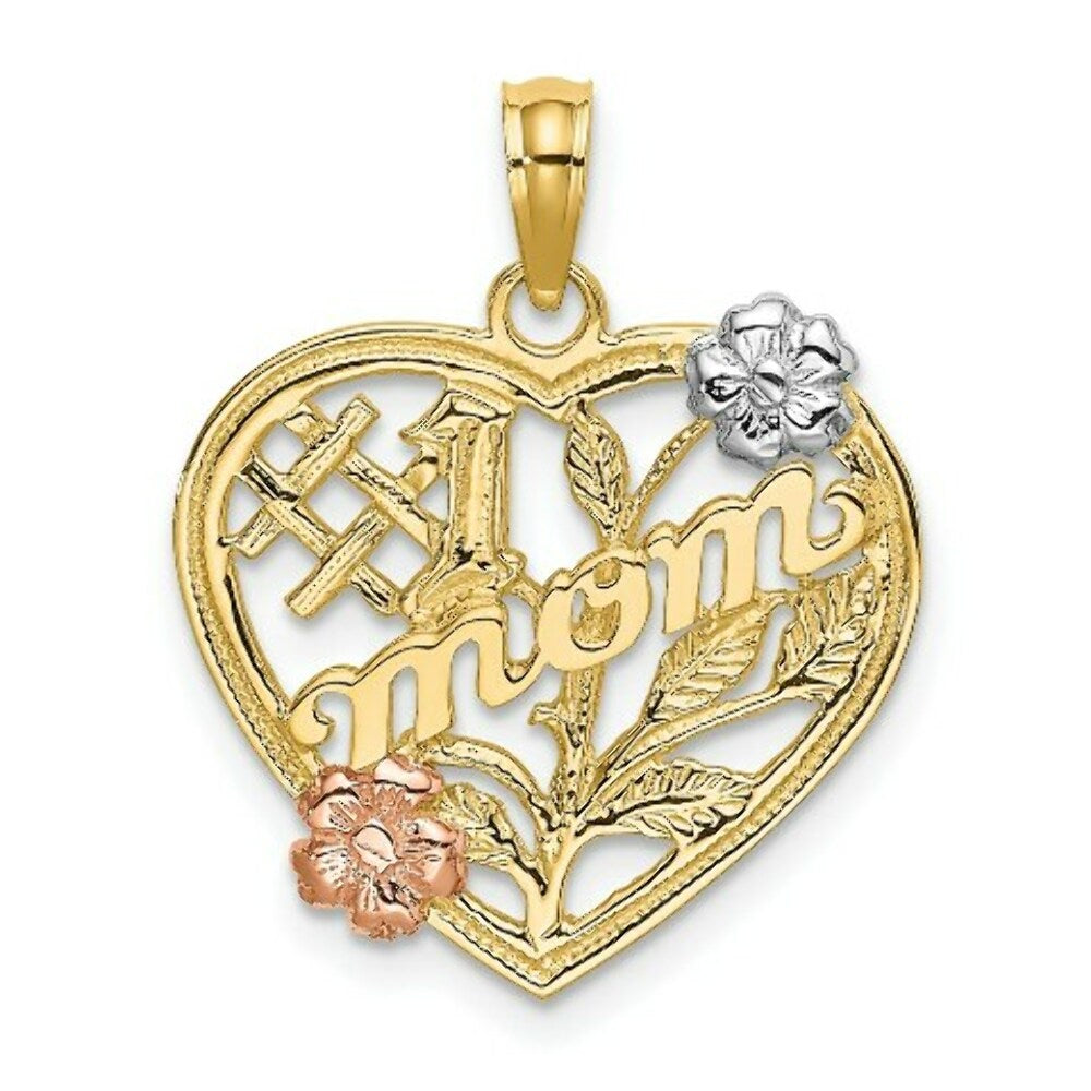 14K Two-tone Yellow & Rose Gold With #1 MOM Heart With Flower Charm Pendant